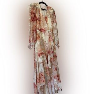 Cream and Peach floral Asymmetrical hem dress chiffon